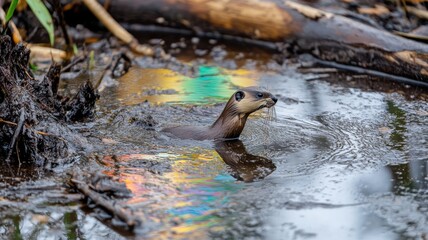 Otter Swimming in Polluted Water with Oil and Chemical Contamination in Natural Habitat