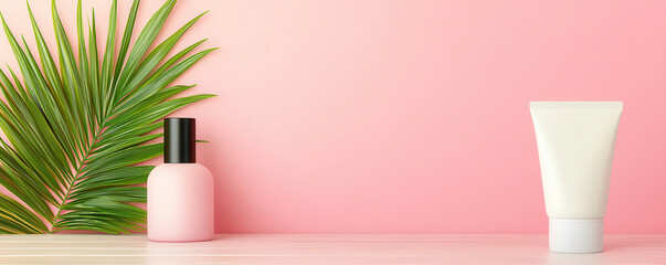 Poster - Pink and White Cosmetic Bottles with Green Palm Leaf on Pink Background.