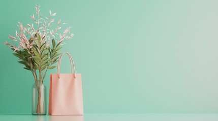 Poster - Pastel Pink Shopping Bag and Flowers on Mint Green Background.