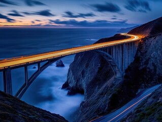 A stunning coastal bridge at dusk, with car lights streaking along the roadway and waves crashing below, creating a serene yet dynamic landscape.