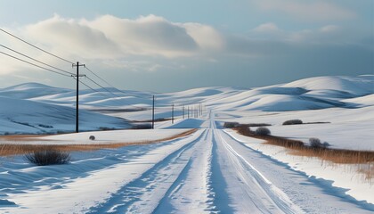 Serene winter landscape featuring a snow-covered road and power lines amidst gently undulating hills