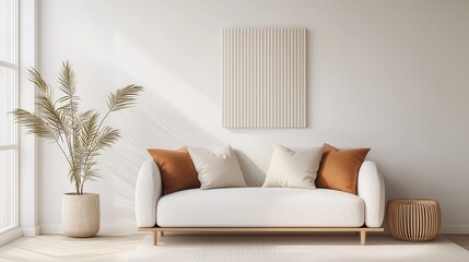 Canvas Print - Minimalist Living Room with White Sofa and Palm Plant.