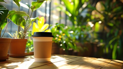 Coffee Cup on Wooden Table with Indoor Plants