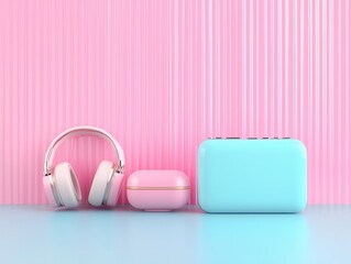 Sticker - Headphones and Case on Pink and Blue Background.