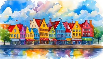 Wall Mural - Whimsical Watercolor Townscape Featuring Vibrant Architecture and Fluffy Clouds