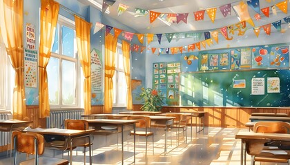 Bright and Inviting Classroom with Educational Posters Bathed in Sunlight