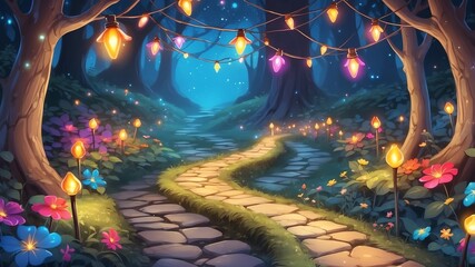 Wall Mural - Brightly Colored Fairy Pathway Lights Cartoon Background Design