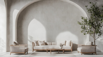 Wall Mural - Sofa and armchairs near stucco arch wall. Minimalist, japandi interior design of modern living room