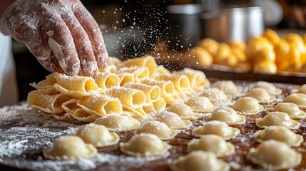 Chef Dusting Freshly Made Ravioli with Flour