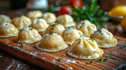 Wall Mural - Delicious Homemade Dumplings on a Wooden Board