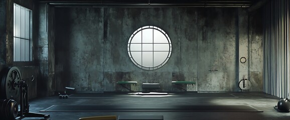 Poster - Empty industrial gym with concrete walls, a large round window, and a black mat.