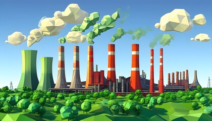 Wall Mural - Vibrant stylized factories with smokestacks amidst a contrasting low-poly green landscape in a striking illustration