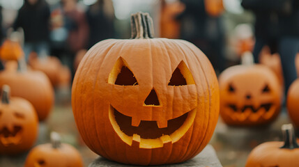 Festival scene with carved pumpkins displayed, jack-o-lanterns with spooky faces, people enjoying the Halloween festivities