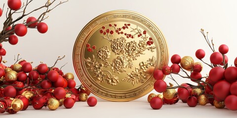 A 3D representation of a gold coin with intricate Chinese designs, surrounded by red and gold decorations on a white background