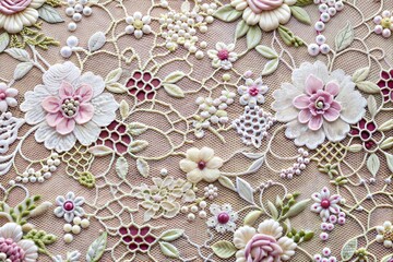 Wall Mural - Floral lace pattern with intricate embroidery in soft colors