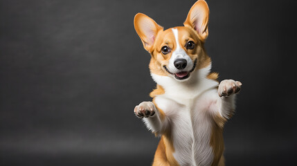 Dog standing on two legs, looking like a little dancer, pet, doggy, cute, studio, friends, High quality, sharp images,graphic,illustration