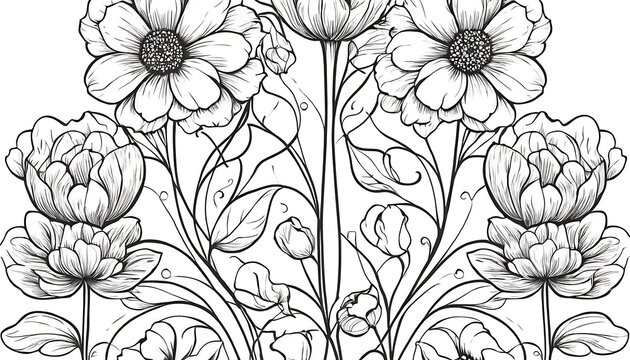 elegant black and white floral line art and illustrations for creative projects,floral pattern, line art, black and white, 165