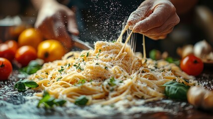 Wall Mural - Hand sprinkling grated parmesan cheese on a plate of spaghetti with basil