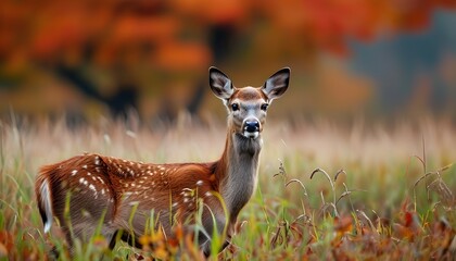 Wall Mural - Young red deer gazing in a grassy autumn field