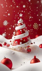 Wall Mural - Trendy and modern 3D Christmas with a red, white, and gold centerpiece Christmas tree, snow, caroling, and a simple background