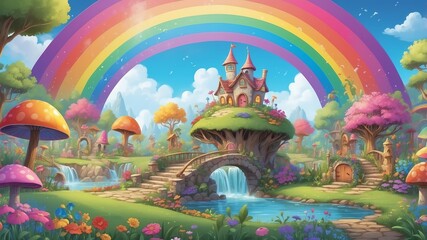 Colorful Rainbow Over the Fairy Garden Cartoon Background Design