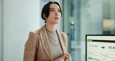 Poster - Computer screen, presentation and thinking with business woman in boardroom, getting ready for pitch. Dashboard, planning and prepare with financial employee at work to practice for client meeting