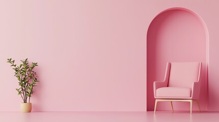 A serene and modern pink interior featuring a stylish chair and a vibrant plant, perfect for stylish home decor inspiration.