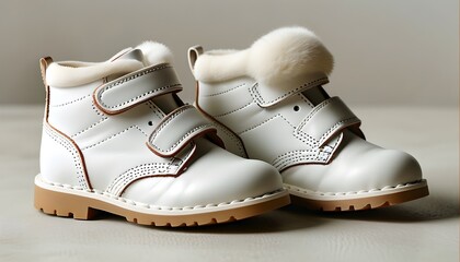 Cozy leather childrens shoes with fur on a soft white background, perfect for cold weather shopping