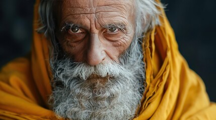 Gray-Bearded Patriarch in Yellow Shawl: Biblical Persona Portrait