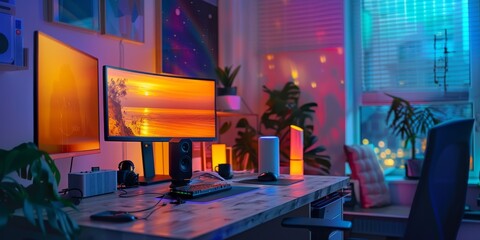 Poster - An advanced home office setup with smart devices such as voice-controlled lights, smart speakers, and automated blinds, creating a connected and efficient workspace