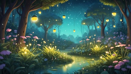 Wall Mural - Dreamy Garden with Fireflies Cartoon Background Design