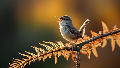 Wall Mural - Wren Singing Joyfully on a Fern Branch Amidst Autumn Colors