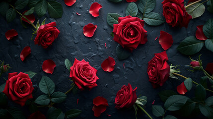 Red roses and scattered petals on dark textured background. Flat lay composition with copy space. Romance and beauty concept for greeting cards and invitations design ,generative ai