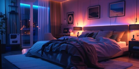 Poster - A cozy smart bedroom showcasing interconnected devices like smart lighting, a smart thermostat, and a voice assistant, all integrated into a seamless control system