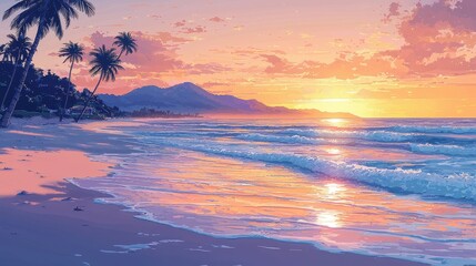 Poster - Tropical Sunset Beach with Palm Trees and Ocean Waves