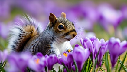 Grey Squirrel Among Blooming Purple Crocus in a Serene Field