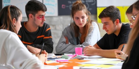 A close-knit team in an informal meeting setting, actively exchanging ideas and reviewing notes, emphasizing the importance of personal interaction in smaller group settings