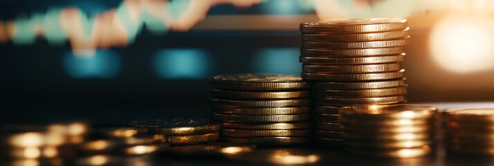 A close-up shot of a stack of coins, symbolizing financial growth, stability, and wealth, with a blurred background of a stock market chart.