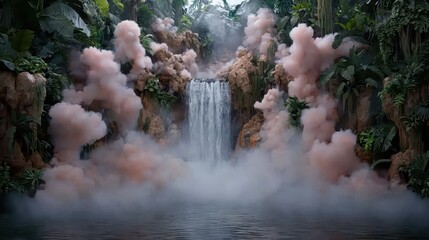 Poster - Mystical Waterfall with Fog and Lush Foliage