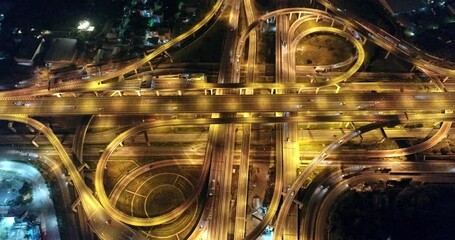 Canvas Print - Aerial view city transport road at night with car traffic road transport industrial