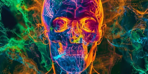Aufkleber - Colorful PET scan image with dynamic heatmaps illustrating different areas of physiological activity, ideal for use in medical research and health education