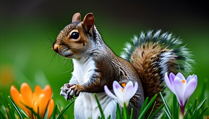 Curious Eastern grey squirrel upright in lush green grass surrounded by blooming crocus flowers