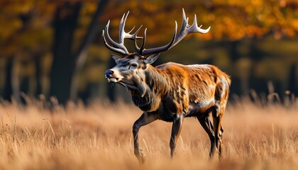 Wall Mural - Majestic red deer stag moving gracefully through a vibrant autumn field during rutting season