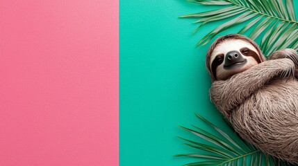 Sleepy cartoon sloth flat design side view rainforest theme 3D render split-complementary color scheme