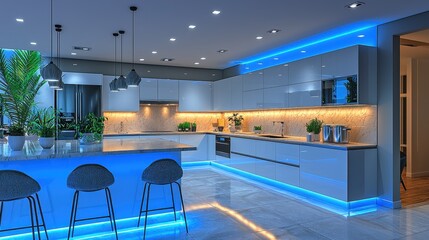 Sticker - Modern Kitchen Interior Design with Blue LED Lighting and Island Counter