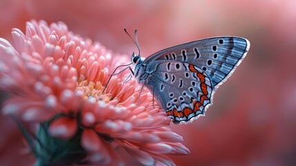 Poster - Blue Butterfly on Pink Flower Macro Photography