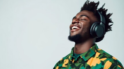 A happy African man with a joyful expression, wearing headphones and a stylish camouflage shirt, enjoys listening to music. This image represents freedom, joy, music, and a carefree lifestyle.