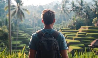 Traveler Gazing at Lush Rice Terraces in Bali