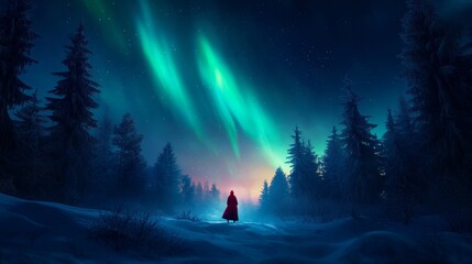 A lone figure stands in awe under the vibrant green glow of the Northern Lights illuminating a snow-covered winter forest. The scene evokes mystery, wonder, and a sense of peacefulness.