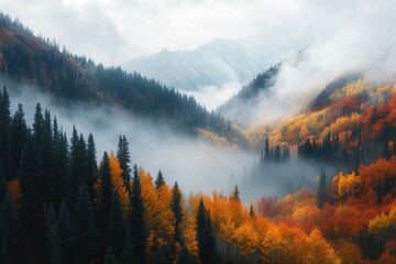 Wall Mural - a misty fall morning in the mountains, with fog rolling through a valley of autumn-colored trees